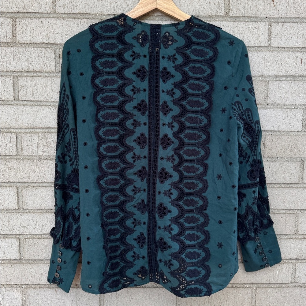 Sea New York Teal Embroidered Eyelet Button Down Long Sleeve Dress Blouse - Picture 4 of 5